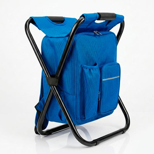 Mochila preta com banco dobrável em metal para campismo e pesca