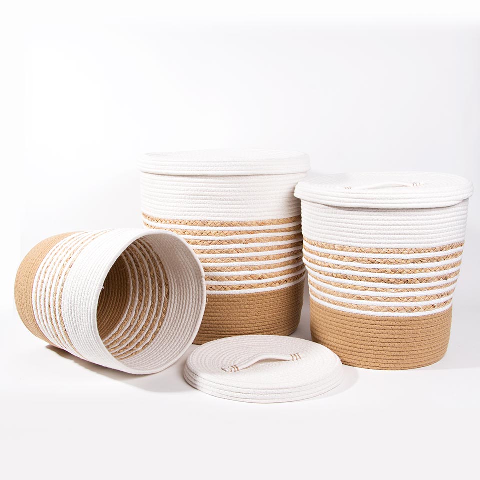 Conjunto de 5 Cestos CASARI Com Tampa Branco e Natural