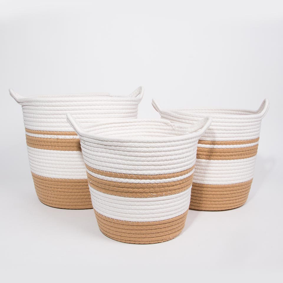 Conjunto de 3 Cestos CASARI Com Pegas Branco e Natural