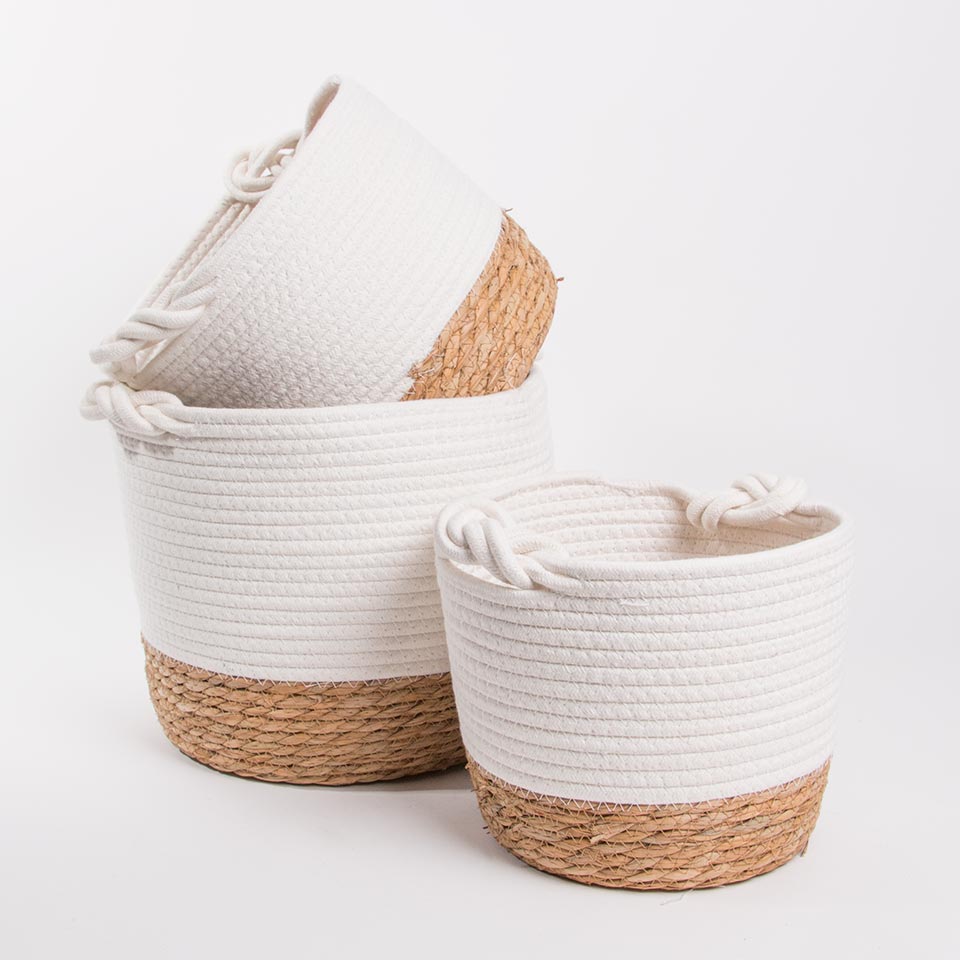 Set of 3 CÁDIZ Baskets White and Natural