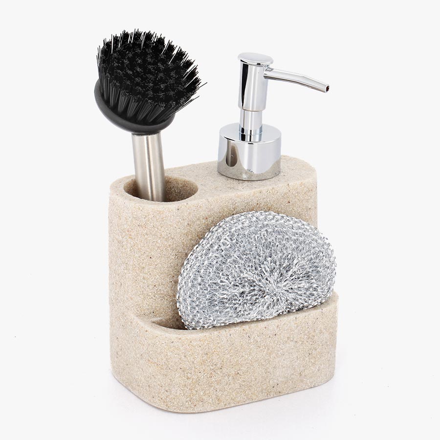 Doseador de Sabão com Esfregão e Escova STONETOUCH Bege