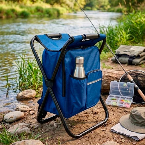 Mochila preta com banco dobrável em metal para campismo e pesca