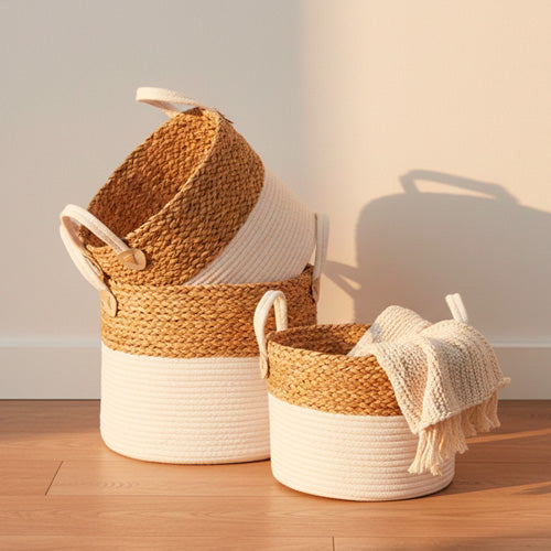Set of 3 PÁDUA Baskets with Handles White and Natural