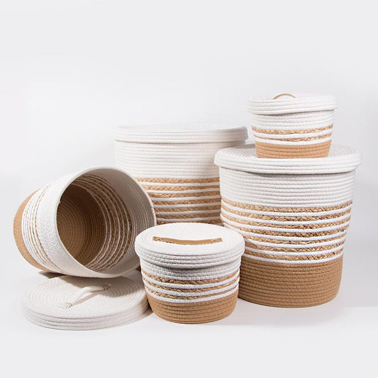 Conjunto de 5 Cestos CASARI Com Tampa Branco e Natural