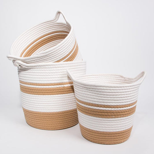 Conjunto de 3 Cestos CASARI Com Pegas Branco e Natural