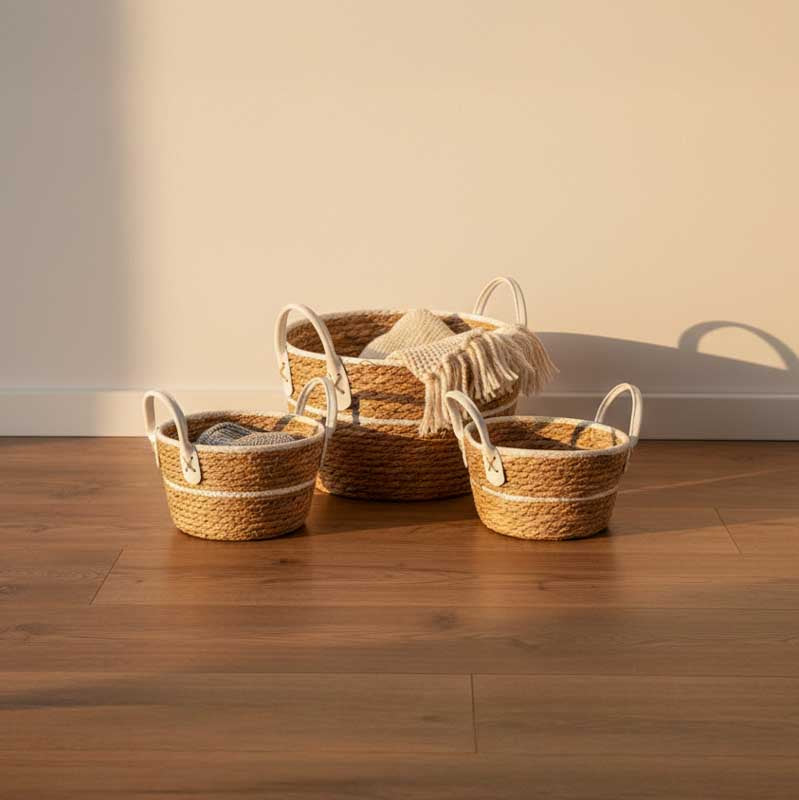 Conjunto de 3 Cestos com Pegas BARI Branco e Natural