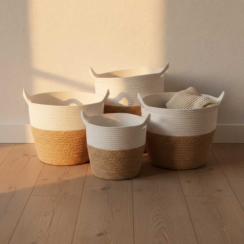 Set of 4 CÁDIZ Baskets with Handles White and Natural