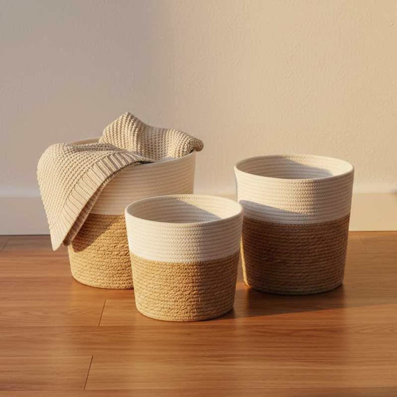 Conjunto de 3 Cestos CÁDIZ Branco e Natural