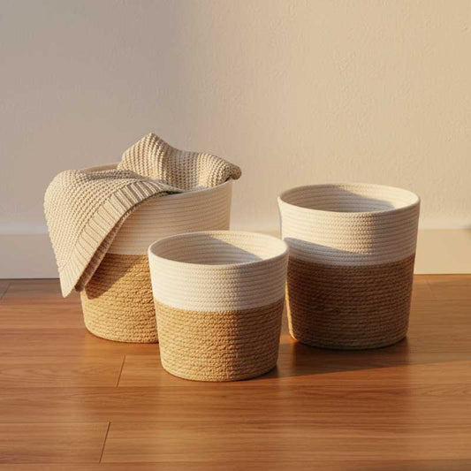 Conjunto de 3 Cestos CÁDIZ Branco e Natural