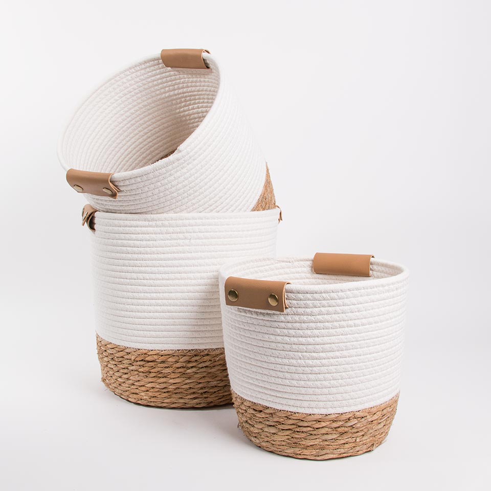 Set of 3 CÁDIZ Baskets White and Natural