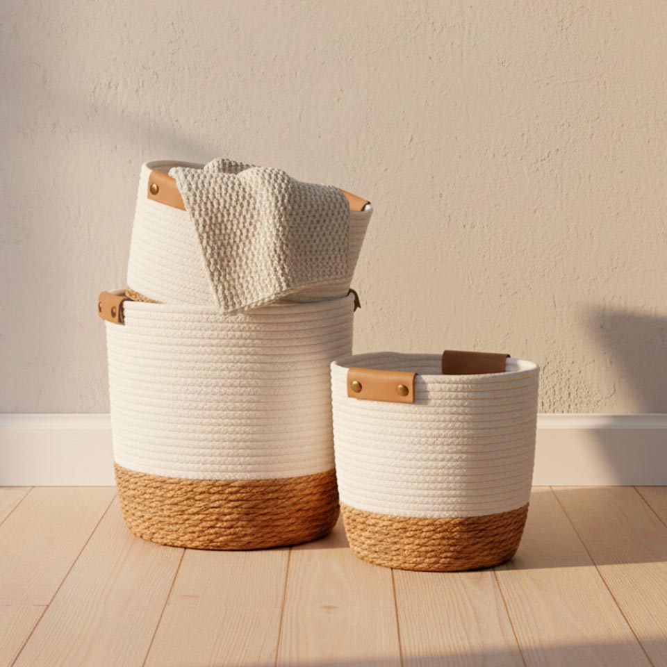 Set of 3 CÁDIZ Baskets White and Natural