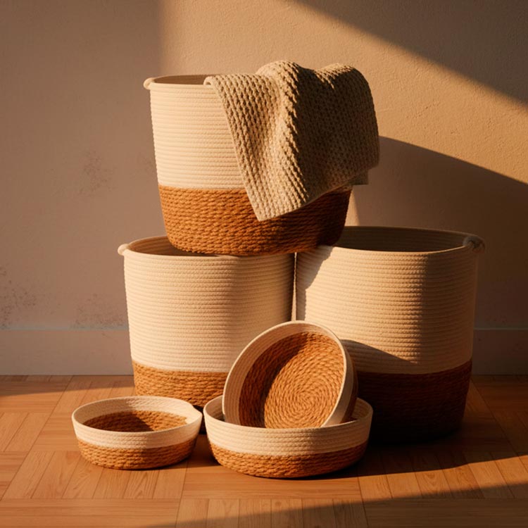 Conjunto de 6 Cestos CÁDIZ KNOT Branco e Natural