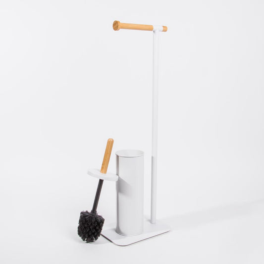 White Bamboo Toilet Brush with Toilet Roll Holder